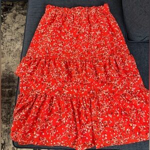 Ann Taylor Red Floral Tiered Ruffle Midi Skirt